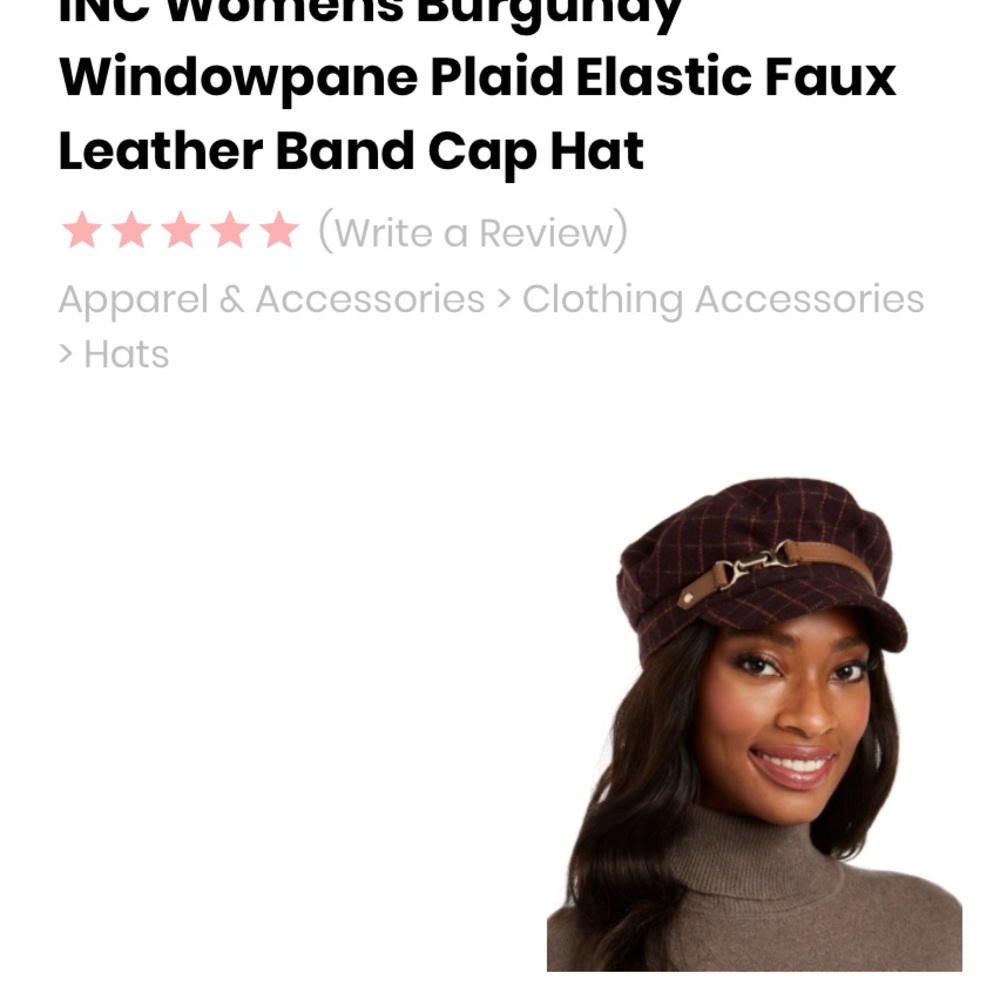 INC Burgundy Windowpane Plaid Elastic Stretch Faux Leather Band Cap/Hat
